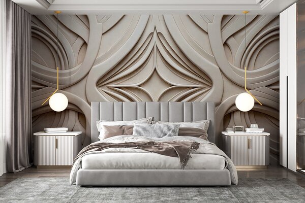Tapet Imprimeu geometric abstract simetric texturat, culoare bej deschis, stil art deco, detalii complexe, Fototapet 3D, w09473 : Uwalls.ro