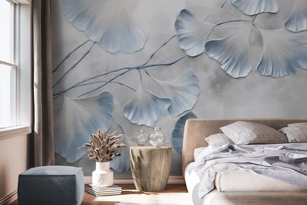 Tapet Frunze de Ginkgo biloba cu margini albastre pe o ramură, fundal texturat gri, design elegant și, Fototapet Natură, w09472v1 : Uwalls.ro