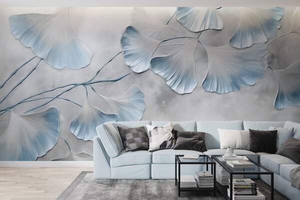 Tapet Frunze de Ginkgo biloba cu margini albastre pe o ramură, fundal texturat gri, design elegant și, Fototapet Natură, w09472v1 : Uwalls.ro