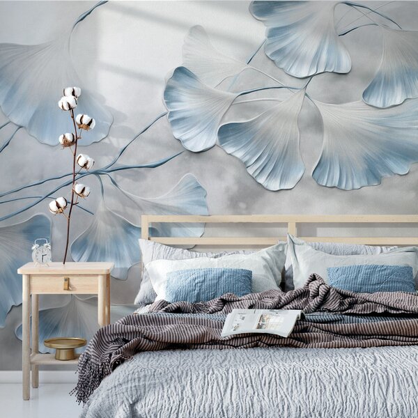 Tapet Frunze de Ginkgo biloba cu margini albastre pe o ramură, fundal texturat gri, design elegant și, Fototapet Natură, w09472v1 : Uwalls.ro