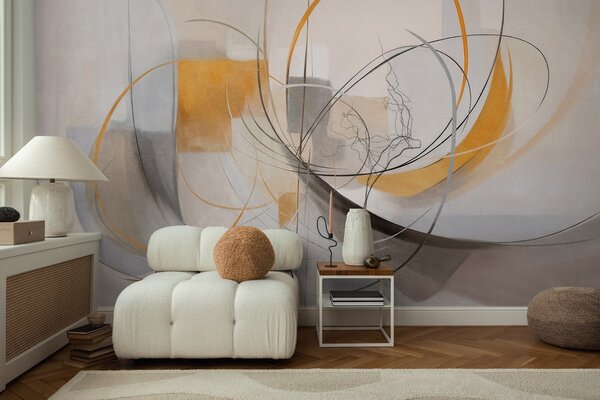 Tapet Stil de pictură modernă abstractă cu textură, linii curbe și forme geometrice în nuanțe de gri, alb și, Fototapet Abstract, w09476 : Uwalls.ro