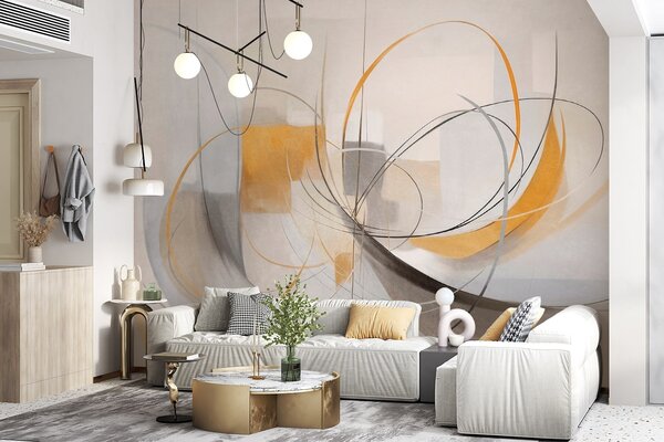 Tapet Stil de pictură modernă abstractă cu textură, linii curbe și forme geometrice în nuanțe de gri, alb și, Fototapet Abstract, w09476 : Uwalls.ro