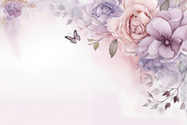 Tapet Flori delicate de culoare roz și liliac cu un fluture, Fototapet Flori, w04711 : Uwalls.ro