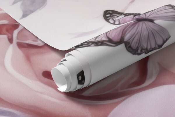 Tapet Flori delicate de culoare roz și liliac cu un fluture, Fototapet Flori, w04711 : Uwalls.ro