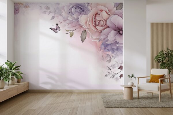 Tapet Flori delicate de culoare roz și liliac cu un fluture, Fototapet Flori, w04711 : Uwalls.ro