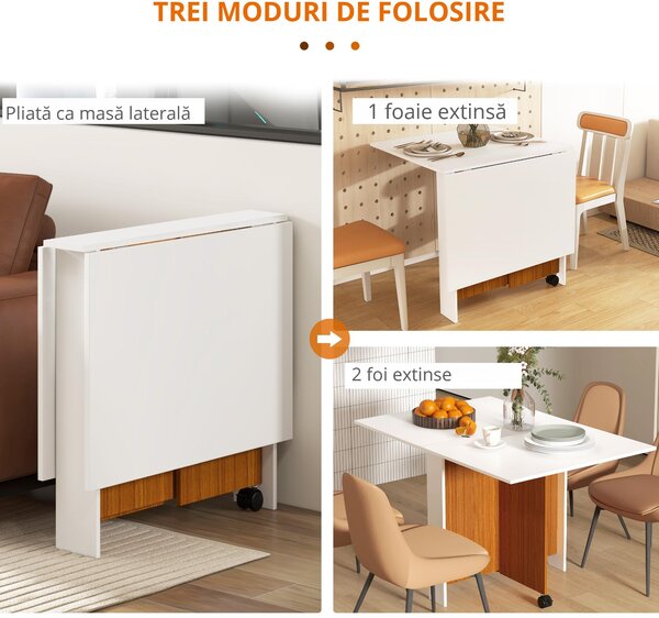 HOMCOM Masă de Prânz Pliabilă cu Roți, Mobilier Bucătărie Spațiu-Eficient, Alb, 120x80x73 cm | Aosom Romania