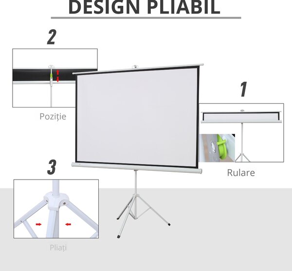 HOMCOM Ecran de Proiecție 84 inch cu Stativ, Suprafață de Proiecție 4:3, Pliabil și Reglabil pe Înălțime, 171x128 cm, Alb | Aosom Romania