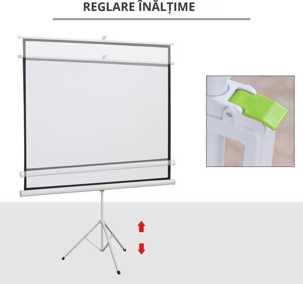 HOMCOM Ecran de Proiecție 84 inch cu Stativ, Suprafață de Proiecție 4:3, Pliabil și Reglabil pe Înălțime, 171x128 cm, Alb | Aosom Romania