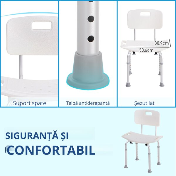 HOMCOM Scaun de Duș Antiderapant cu Spătar și Înălțime Reglabilă pe 8 Poziții, 50,6x43x71-88 cm, Alb | Aosom Romania