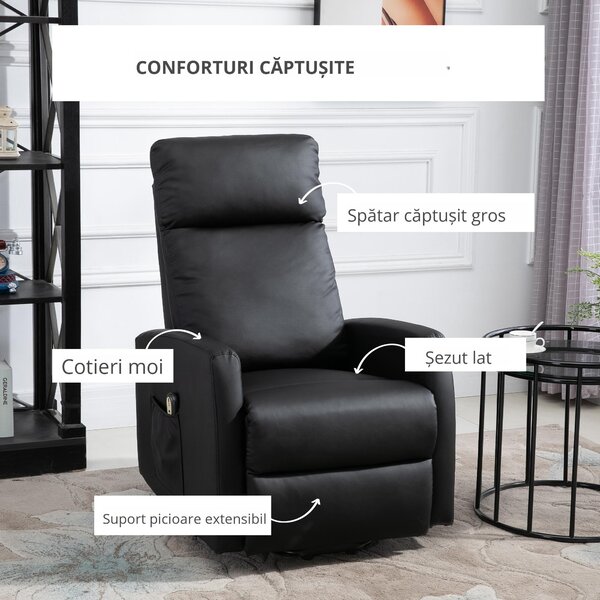 Fotoliu rabatabil cu sistem de ridicare, captusit, electric, 145° cu suport pentru picioare cu telecomanda din PU negru HOMCOM | Aosom Romania