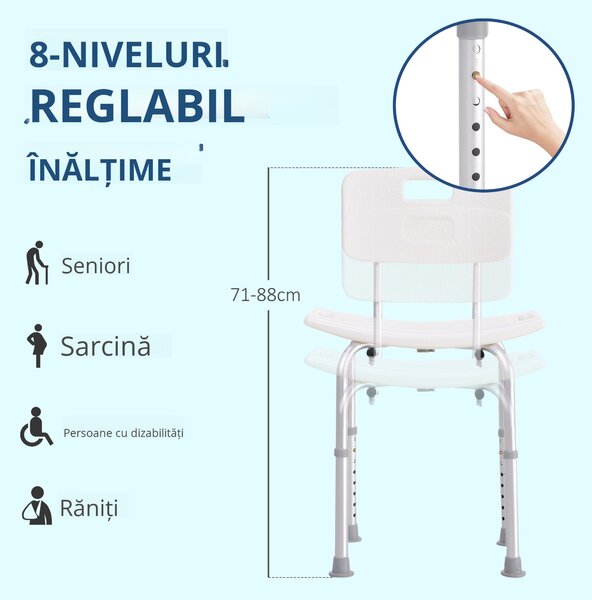 HOMCOM Scaun de Duș Antiderapant cu Spătar și Înălțime Reglabilă pe 8 Poziții, 50,6x43x71-88 cm, Alb | Aosom Romania