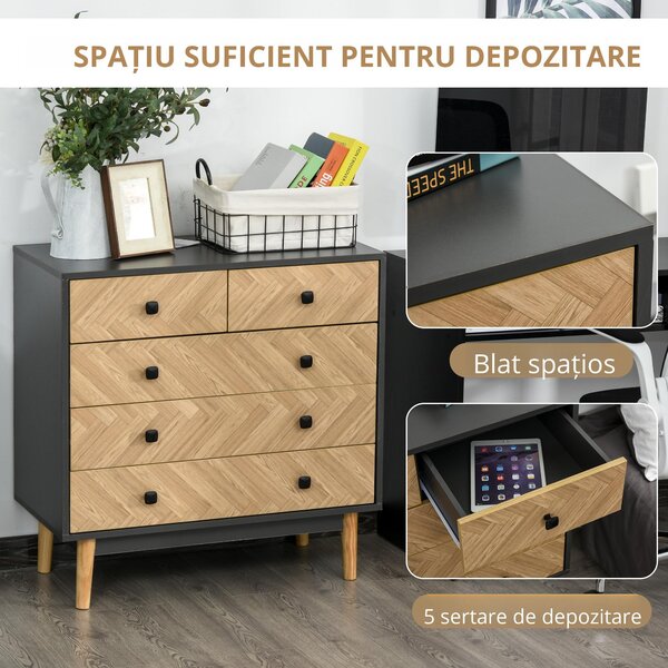 HOMCOM Noptieră Modernă din Lemn cu 5 Sertare și Picioare Ridicate din Pin, Design Elegant, Gri Închis, 80x40x80cm | Aosom Romania