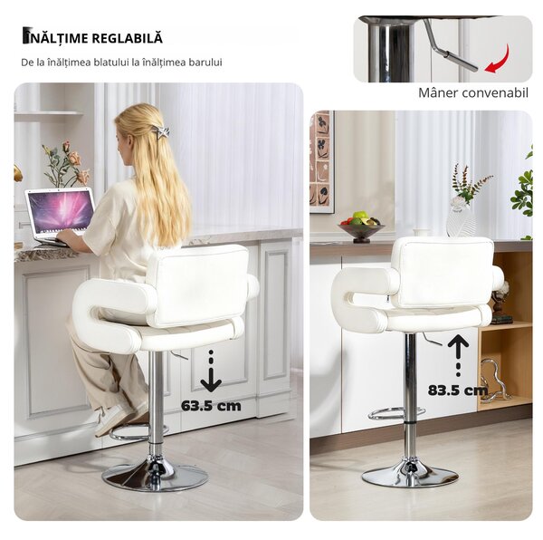 HOMCOM Scaun inalt de bar cu Spatar si Brate, Reglabil, Rotativ din Piele sintetica Alba, pentru Bucatarie sau Pub, 64x50x94-114cm | Aosom Romania