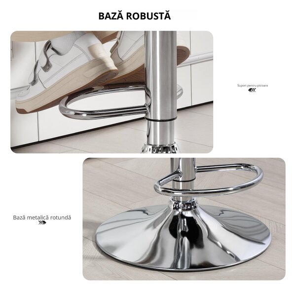 HOMCOM Scaun inalt de bar cu Spatar si Brate, Reglabil, Rotativ din Piele sintetica Alba, pentru Bucatarie sau Pub, 64x50x94-114cm | Aosom Romania