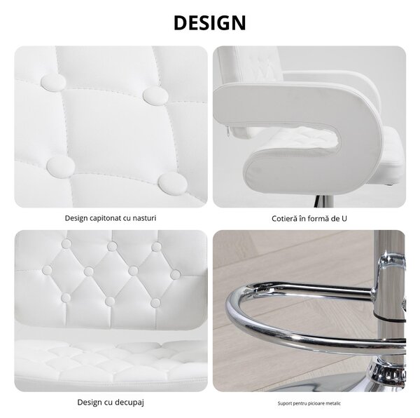 HOMCOM Scaun inalt de bar cu Spatar si Brate, Reglabil, Rotativ din Piele sintetica Alba, pentru Bucatarie sau Pub, 64x50x94-114cm | Aosom Romania