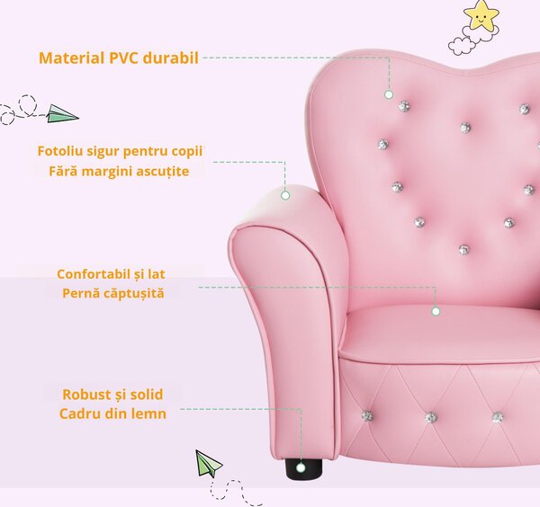 HOMCOM Fotoliu Capitonat pentru Copii, Scaun Confortabil pentru Camera Copiilor, din PVC și Lemn, 59x41,5x49 cm, Roz | Aosom Romania