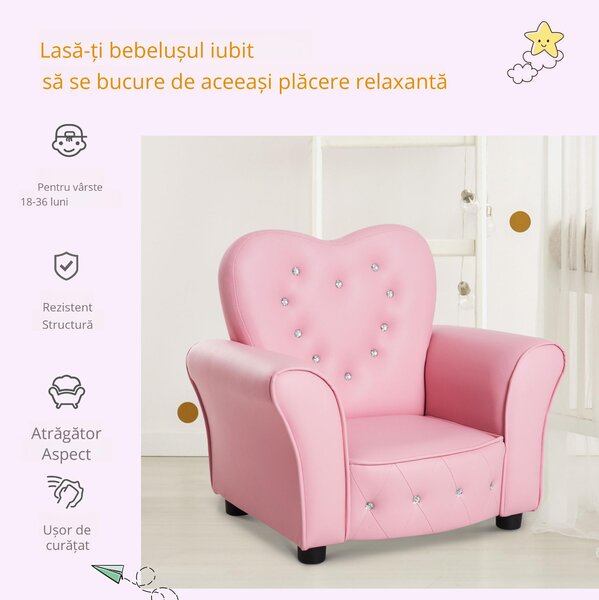 HOMCOM Fotoliu Capitonat pentru Copii, Scaun Confortabil pentru Camera Copiilor, din PVC și Lemn, 59x41,5x49 cm, Roz | Aosom Romania