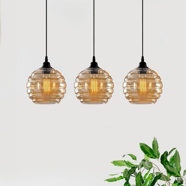 Opviq Lampă suspendată Gold 012, auriu-transparent, sticlă, 3 becuri, liniară, reglabil, Auriu / Alamă, Camera de zi / sufragerie, Sticlă, glob