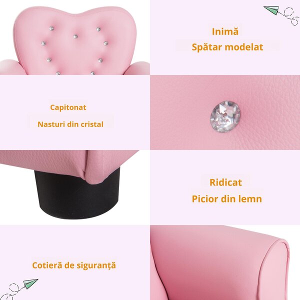 HOMCOM Fotoliu Capitonat pentru Copii, Scaun Confortabil pentru Camera Copiilor, din PVC și Lemn, 59x41,5x49 cm, Roz | Aosom Romania