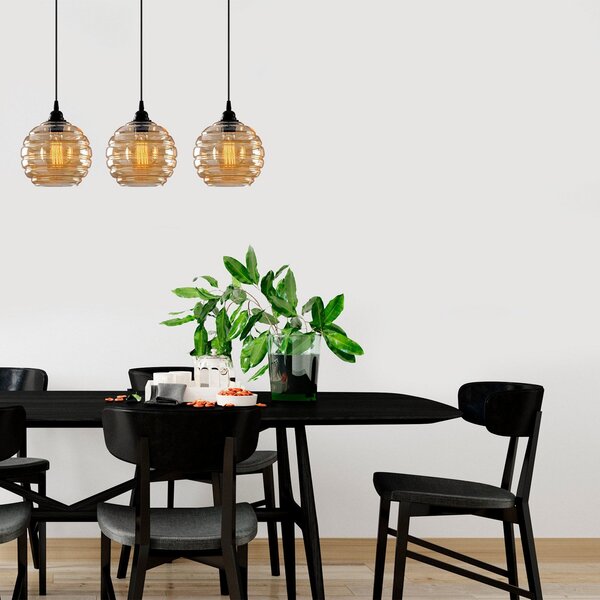 Opviq Lampă suspendată Gold 012, auriu-transparent, sticlă, 3 becuri, liniară, reglabil, Auriu / Alamă, Camera de zi / sufragerie, Sticlă, glob