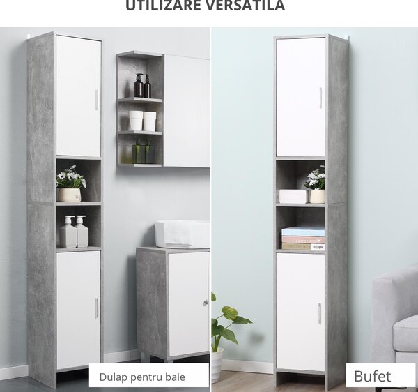 Dulap Baie Kleankin pentru Economisire Spațiu, cu 2 Uși din PAL, Efect Ciment, Gri-Alb, Dimensiuni 30x30x180cm, Ideal pentru Organizare | Aosom Romania