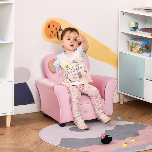 HOMCOM Fotoliu Capitonat pentru Copii, Scaun Confortabil pentru Camera Copiilor, din PVC și Lemn, 59x41,5x49 cm, Roz | Aosom Romania