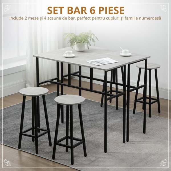 HOMCOM Set Bar Modern cu 4 Scaune și 2 Mese Înalte, PAL și Oțel, Gri, Ideal pentru Living sau Bucătărie | Aosom Romania