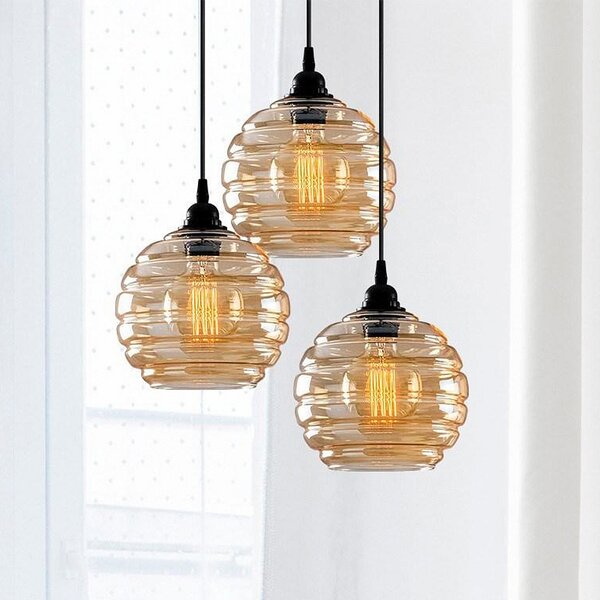 Opviq Lampă suspendată Gold 011, sticlă transparentă aurie, rotundă, cu 3 becuri, reglabil, Auriu / Alamă, Camera de zi / sufragerie, Sticlă, glob