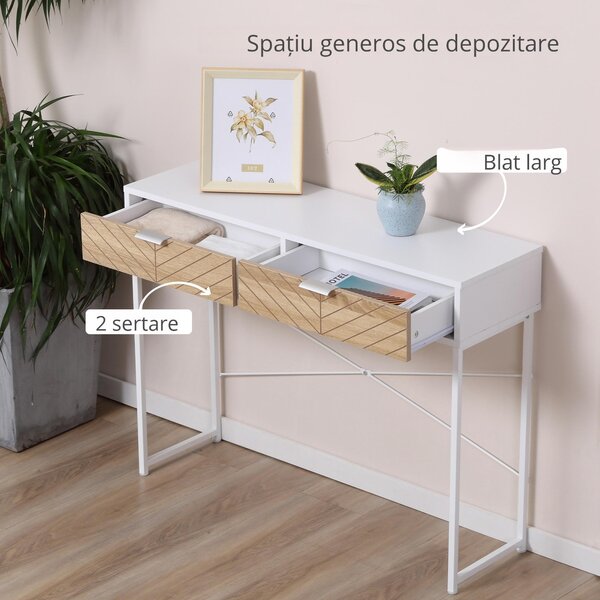 Consola Moderna HOMCOM cu 2 Sertare, Masa pentru Hol Metalica cu Structura Incrucisata, Masuta pentru Sufragerie, Alba | Aosom Romania