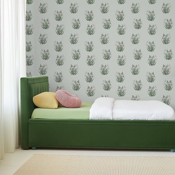 Tapet Ghiocei cu frunze verzi pe un fundal verde pastelat, Tapet flori, a00651 : Uwalls.ro