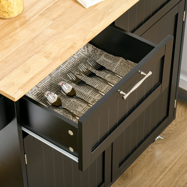 HOMCOM Cărucior Bucătărie din Lemn Multifuncțional cu 2 Sertare, Dulăpior și 4 Roți, Design Elegant, 104x46x91 cm, Negru | Aosom Romania