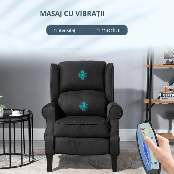 HOMCOM Fotoliu Relax pentru Masaj Rabatabil ca Telecomanda si Tapiterie Piele Intoarsa, 78x83x101cm, Negru