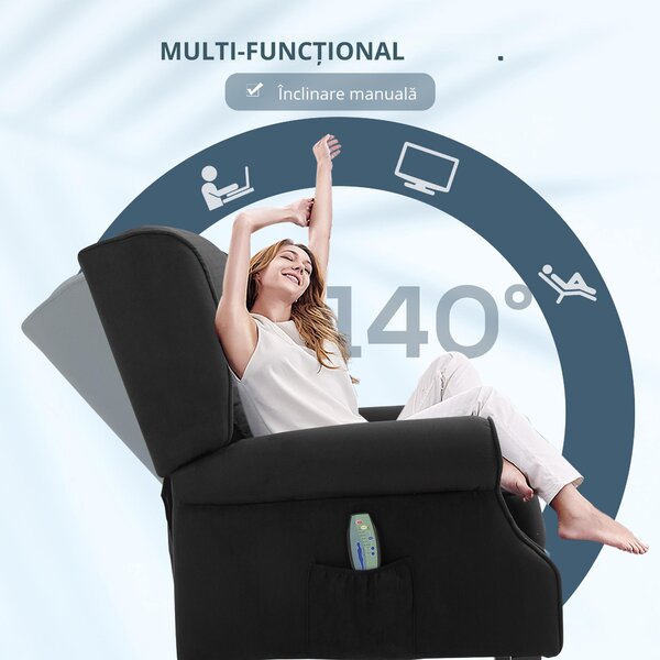 HOMCOM Fotoliu Relax pentru Masaj Rabatabil ca Telecomanda si Tapiterie Piele Intoarsa, 78x83x101cm, Negru