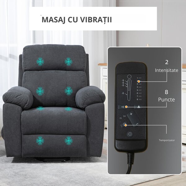 HOMCOM Fotoliu cu Ridicare Electrică, Reclinabil, cu 8 Puncte de Masaj, Telecomandă și Suport pentru Picioare, 89x99x103 cm, Gri | Aosom Romania