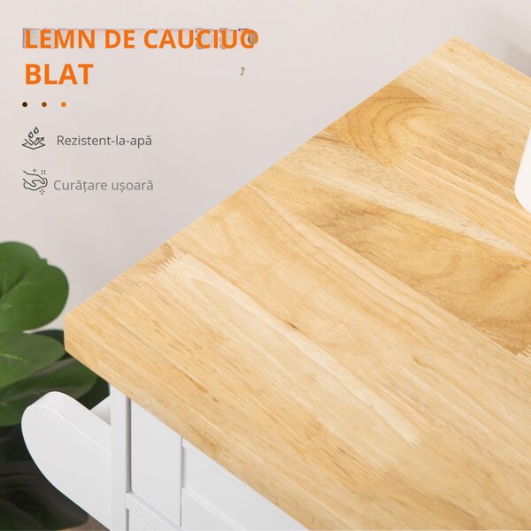 Carucior de bucatarie cu sertar și dulap, 4 roti din care 2 cu frana, lemn, 109x40x89cm, alb HOMCOM | Aosom Romania