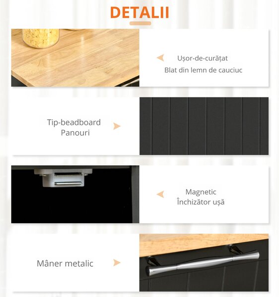 HOMCOM Cărucior Bucătărie din Lemn Multifuncțional cu 2 Sertare, Dulăpior și 4 Roți, Design Elegant, 104x46x91 cm, Negru | Aosom Romania