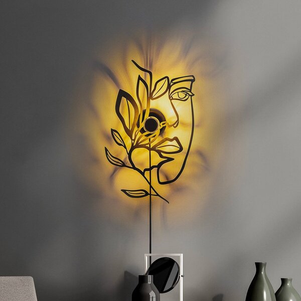 Opviq Aplică de perete Flower Faced, negru, metal, 54 x 34 cm, ștecher, Negru, Camera de zi / sufragerie, Metal, Modern
