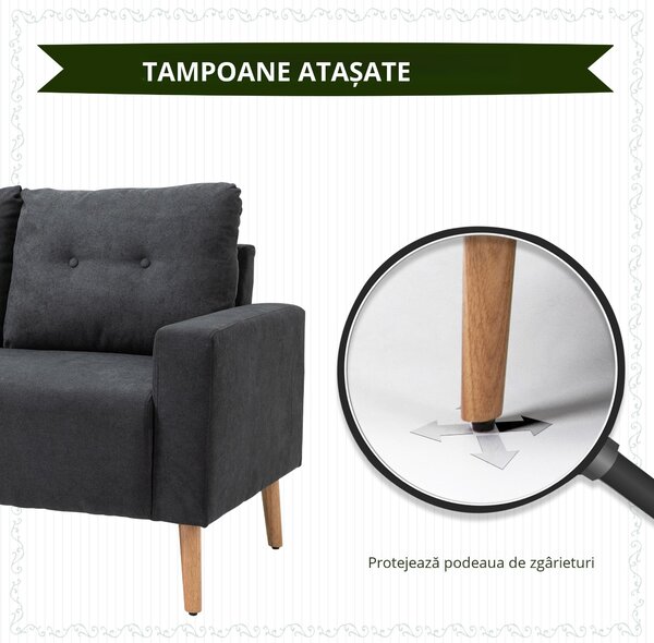 HOMCOM Canapea Modernă cu 2 Locuri cu Spătar Matlasat, din Poliester și Lemn, 145x76x88 cm, Gri | Aosom Romania