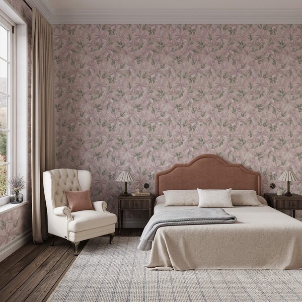 Tapet Flori roz cu frunze delicate pe un fundal delicat, Tapet flori, a00675 : Uwalls.ro