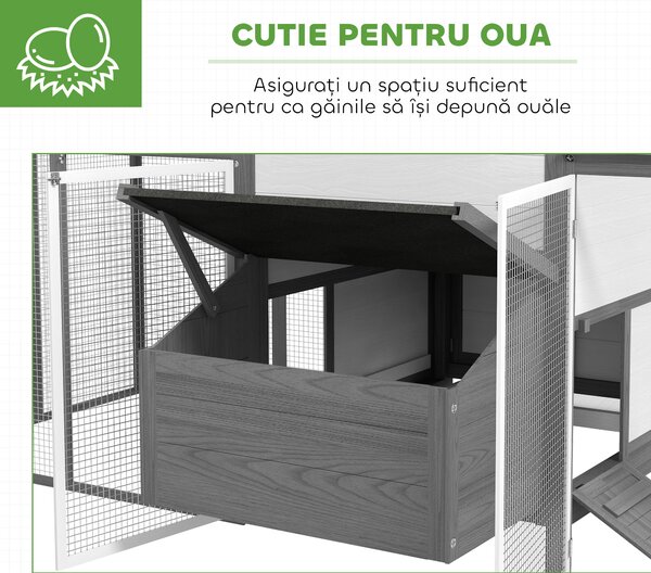 PawHut Coteț din Lemn pentru Găini Ouașe de Exterior cu 2 Recinții Laterale, Cuibar, Acoperiș Impermeabil, Tavă Glisantă, Zonă de Odihnă, Uși și Rampă, pentru 2-4 Găini, 247x118x113.5cm, Gri | Aosom Romania