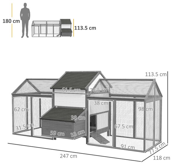 PawHut Coteț din Lemn pentru Găini Ouașe de Exterior cu 2 Recinții Laterale, Cuibar, Acoperiș Impermeabil, Tavă Glisantă, Zonă de Odihnă, Uși și Rampă, pentru 2-4 Găini, 247x118x113.5cm, Gri | Aosom Romania