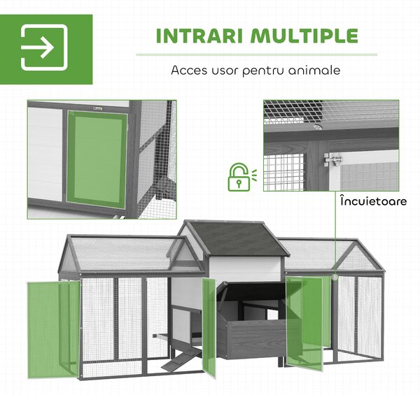 PawHut Coteț din Lemn pentru Găini Ouașe de Exterior cu 2 Recinții Laterale, Cuibar, Acoperiș Impermeabil, Tavă Glisantă, Zonă de Odihnă, Uși și Rampă, pentru 2-4 Găini, 247x118x113.5cm, Gri | Aosom Romania