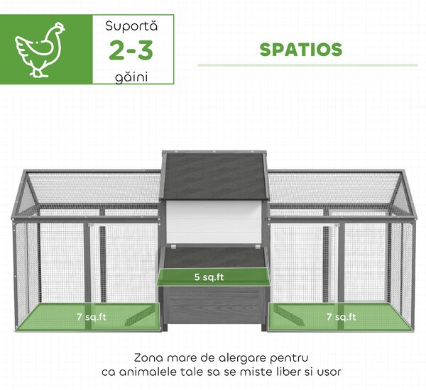 PawHut Coteț din Lemn pentru Găini Ouașe de Exterior cu 2 Recinții Laterale, Cuibar, Acoperiș Impermeabil, Tavă Glisantă, Zonă de Odihnă, Uși și Rampă, pentru 2-4 Găini, 247x118x113.5cm, Gri | Aosom Romania