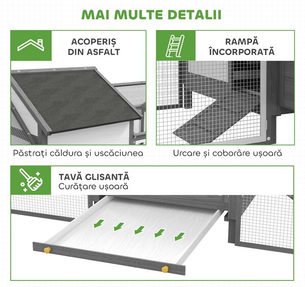 PawHut Coteț din Lemn pentru Găini Ouașe de Exterior cu 2 Recinții Laterale, Cuibar, Acoperiș Impermeabil, Tavă Glisantă, Zonă de Odihnă, Uși și Rampă, pentru 2-4 Găini, 247x118x113.5cm, Gri | Aosom Romania