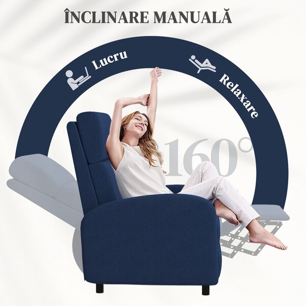 HOMCOM Fotoliu Relax Reclinabil Manual 160° cu Suport pentru Picioare, Fotoliu Reclinabil Tapițat Ergonomic din Material Textil Tip In pentru Dormitor, Birou, Sufragerie, Albastru | Aosom Romania