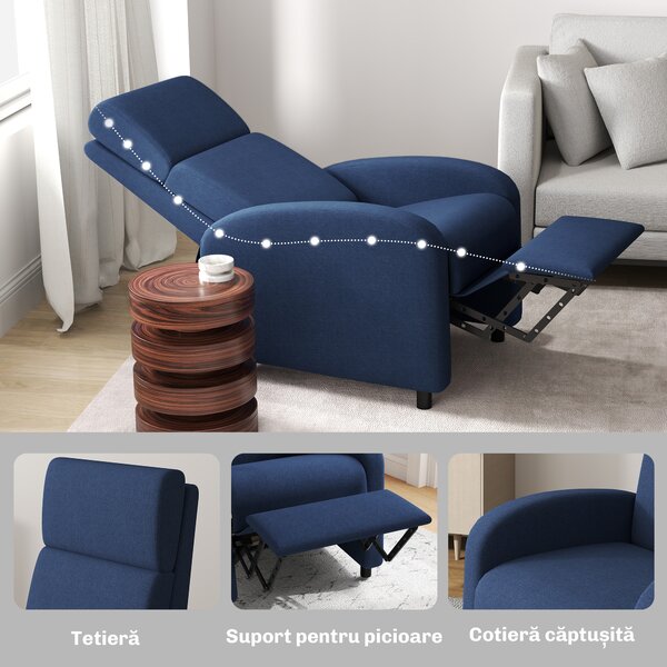 HOMCOM Fotoliu Relax Reclinabil Manual 160° cu Suport pentru Picioare, Fotoliu Reclinabil Tapițat Ergonomic din Material Textil Tip In pentru Dormitor, Birou, Sufragerie, Albastru | Aosom Romania
