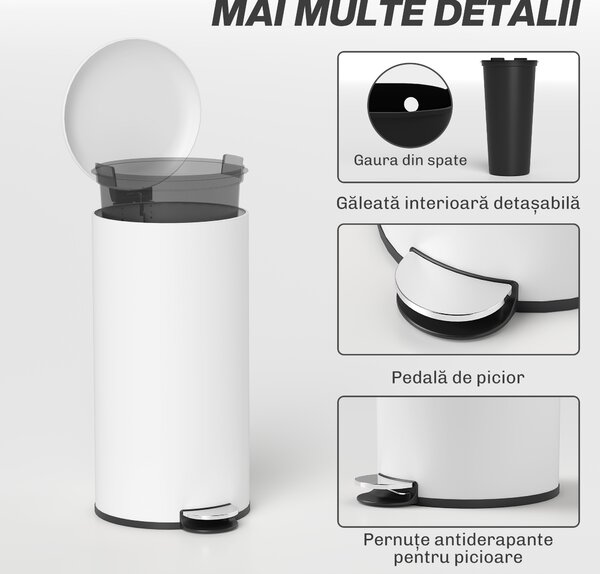 HOMCOM Coș de Gunoi cu Pedală de 30L, Capac cu Închidere Delicată, Metal și PP, 36x30x63.5 cm, Crem | Aosom Romania
