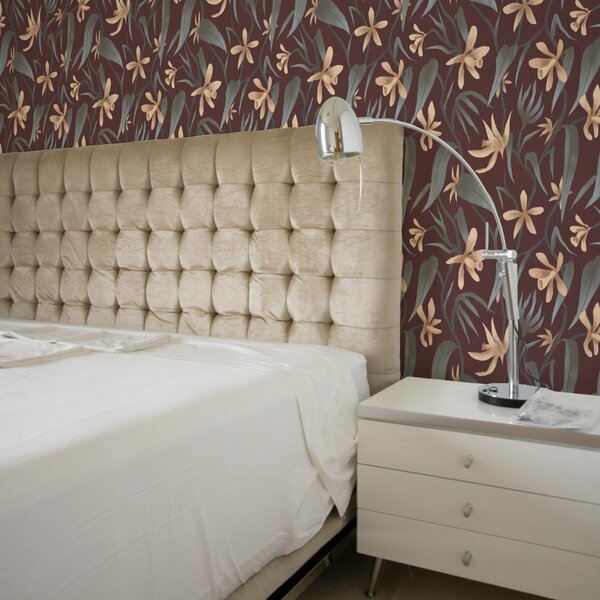 Tapet Flori crem cu frunze gri pe fond burgund, Tapet flori, a00833 : Uwalls.ro