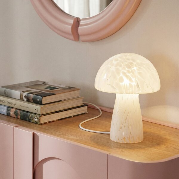 Lindby Lampă de masă Hubi, alb, sticlă, Ø 22 cm, formă ciupercă, Alb, Camera de zi / sufragerie, Sticlă, Modern