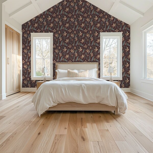 Tapet Flori crem cu frunze gri pe fond burgund, Tapet flori, a00833 : Uwalls.ro